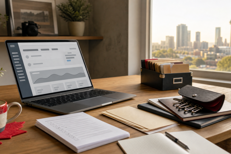 A web professional organizes a laptop, blank checklist, backup drive, phone and account-access items for a client website and hosting handoff.