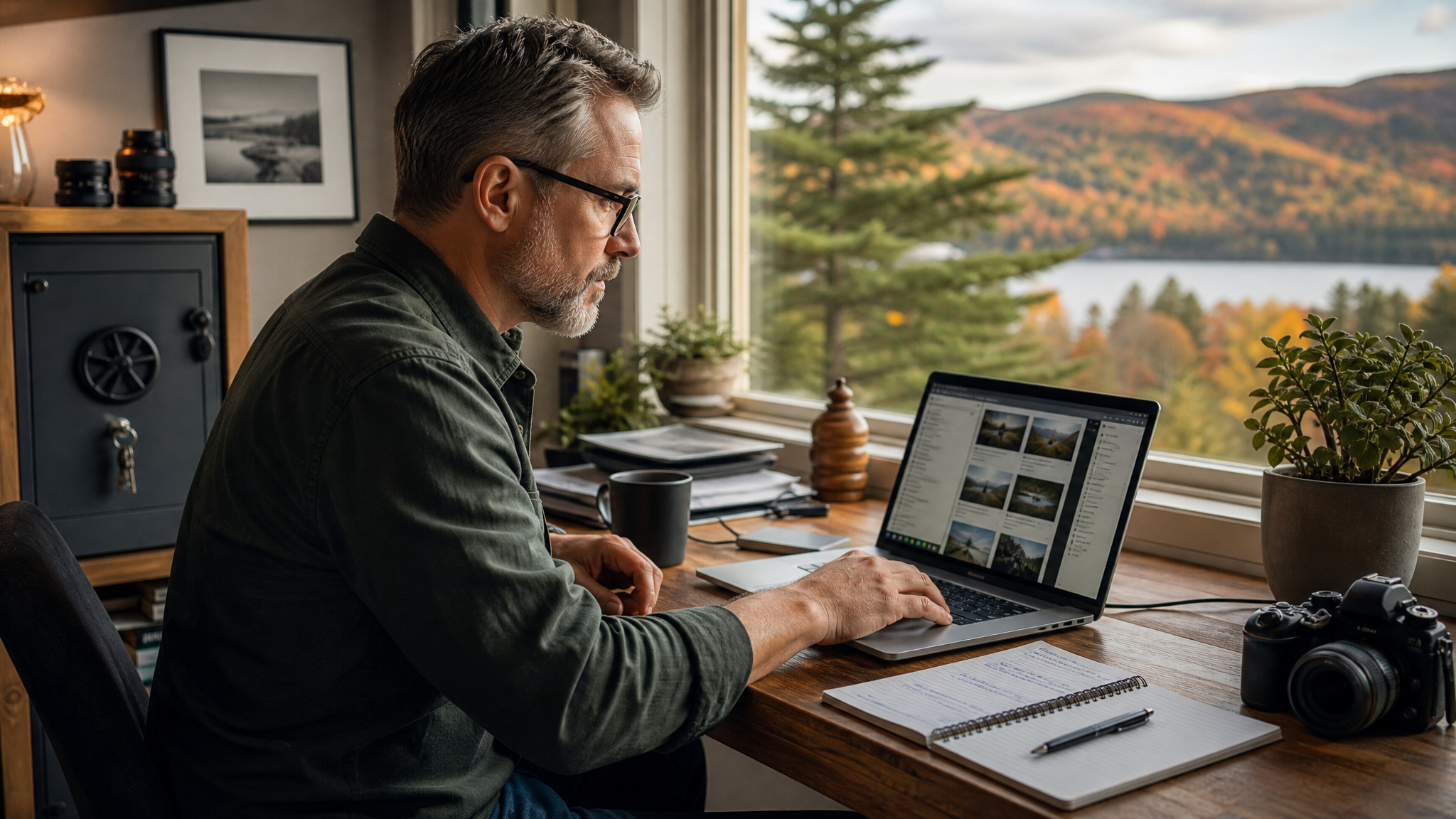 An independent web designer organizes client website transition materials beside a laptop and checklist in a Canadian home office.