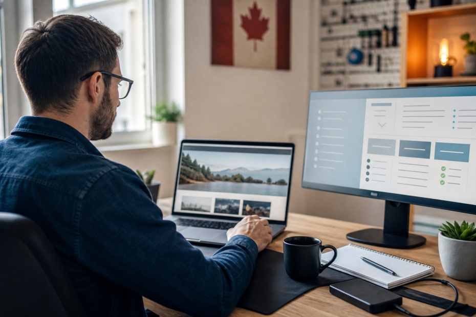 A web professional reviews a business website on a laptop beside a notebook and external backup drive.